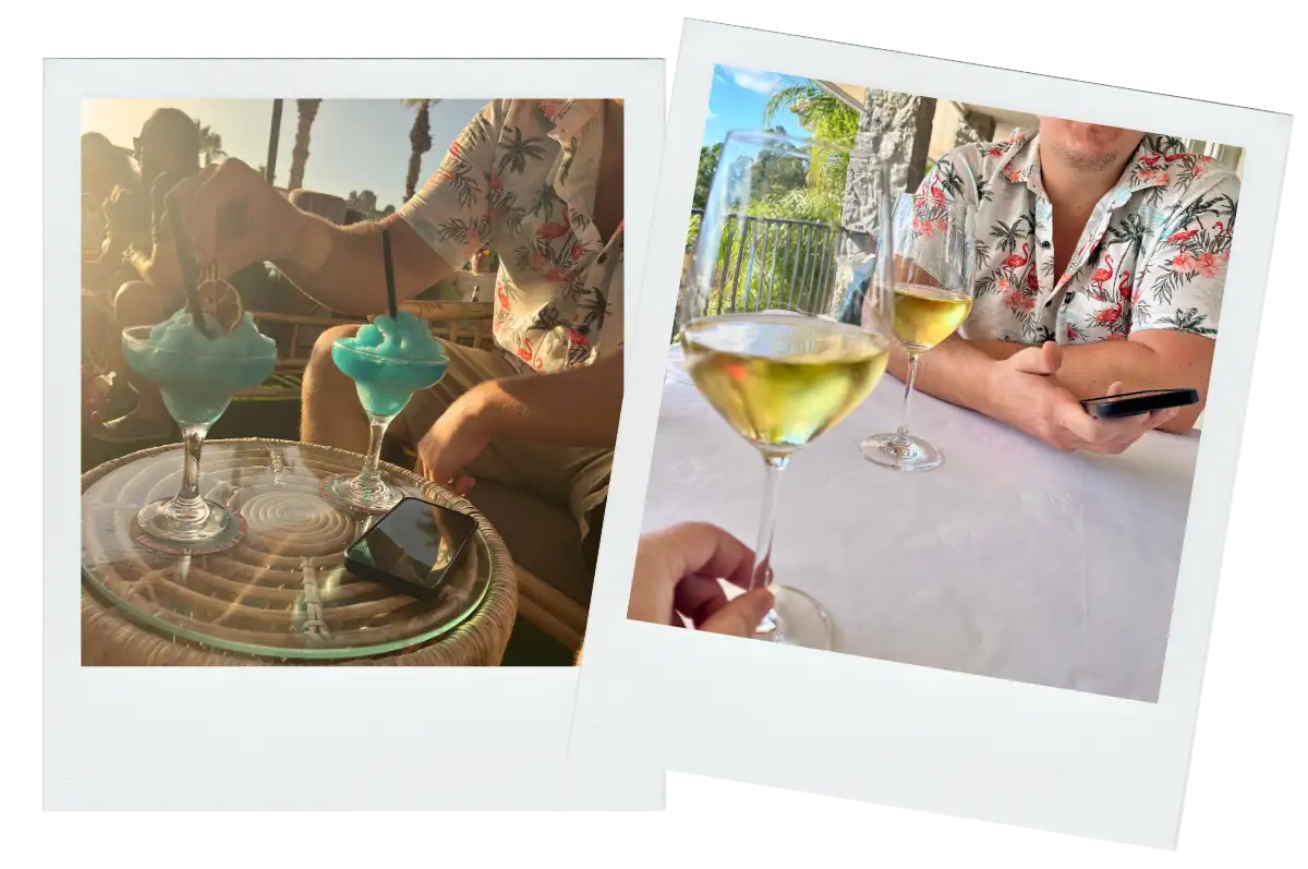 Polaroid of blue cocktails and wine glasses being toasted in Spain