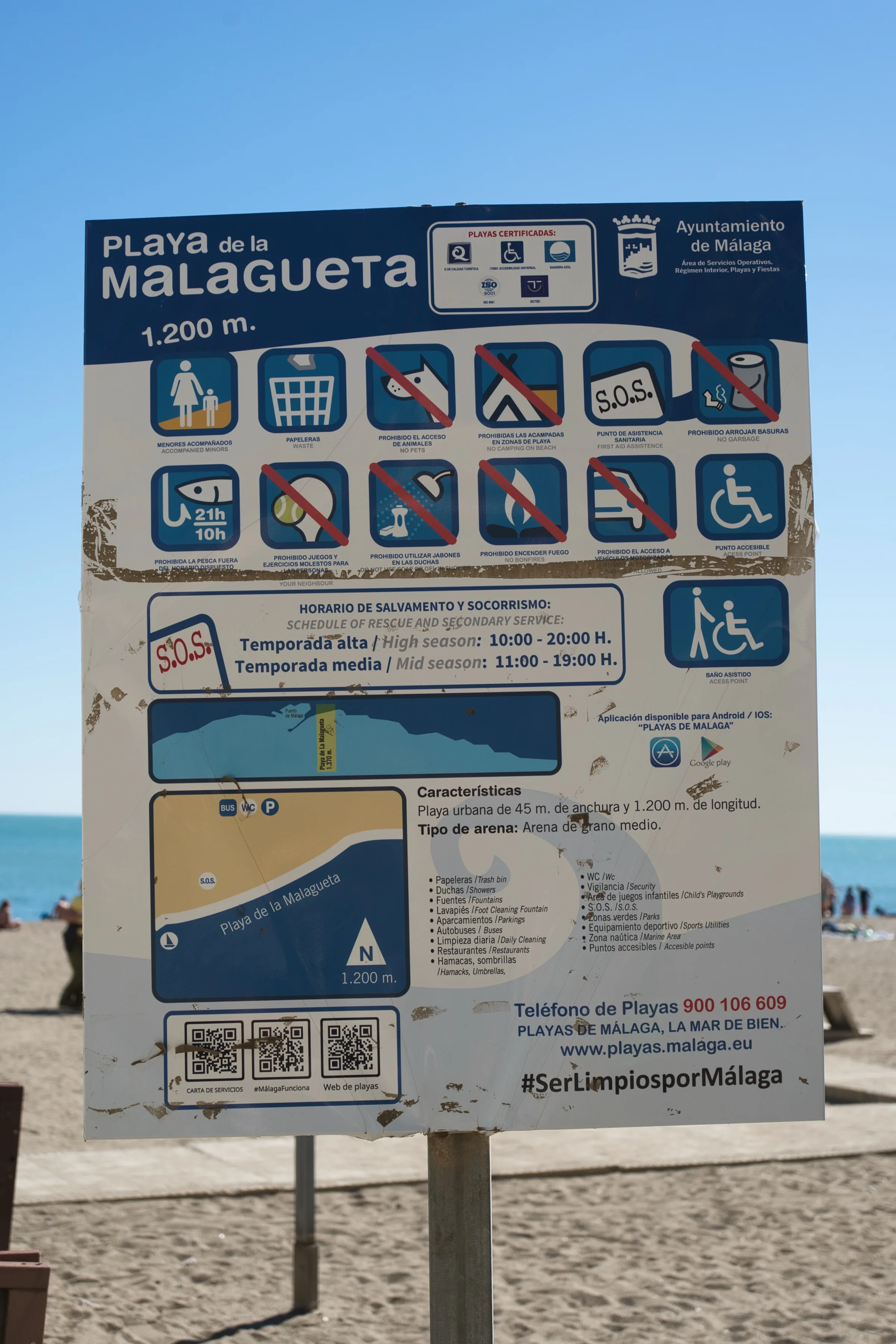 The rules sign at Playa de la Malagueta in Málaga, with icons for what's banned on the sand and the lifeguard season and hours