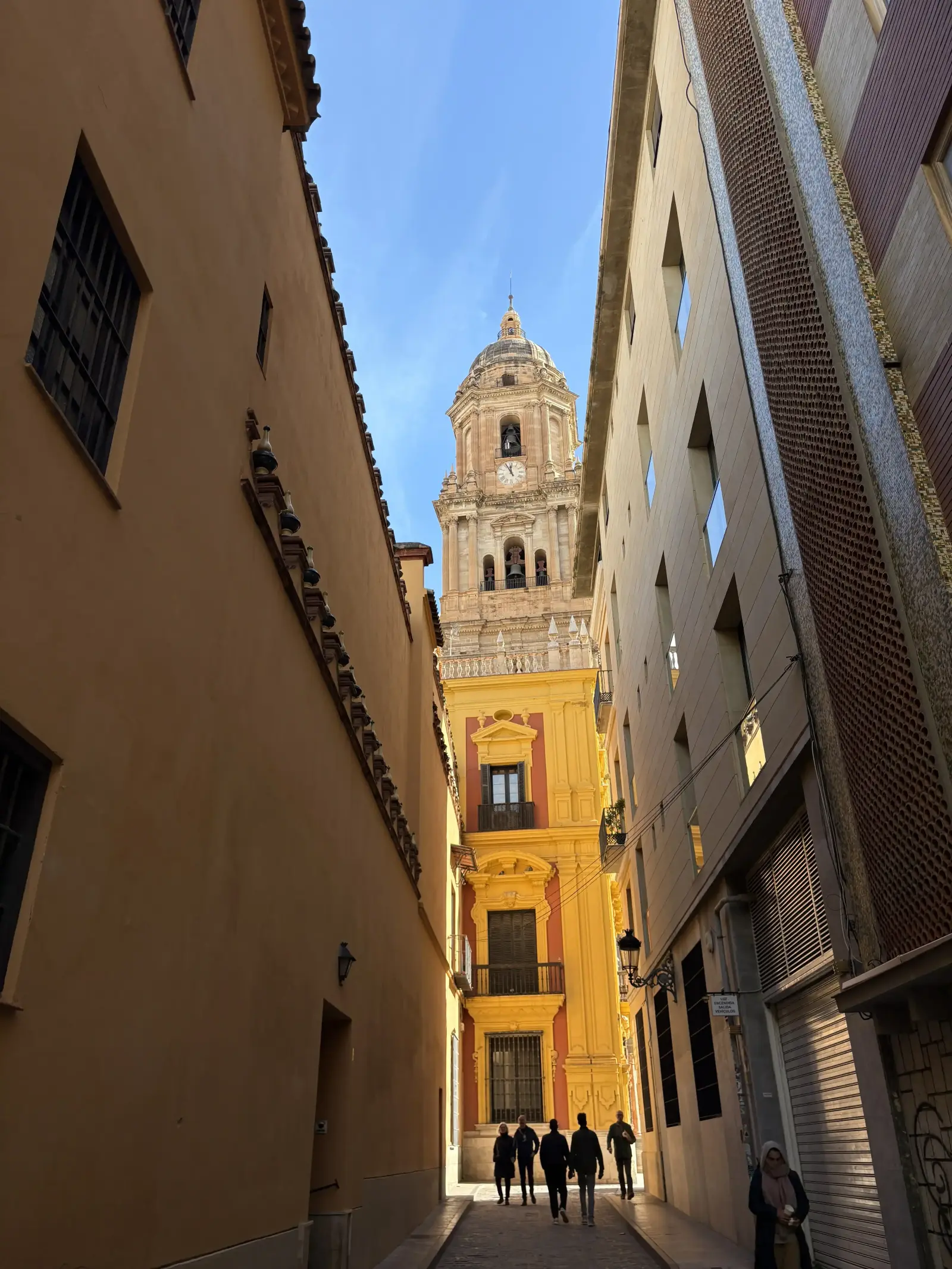 Malaga Cathedral facade seen from a narrow street below
