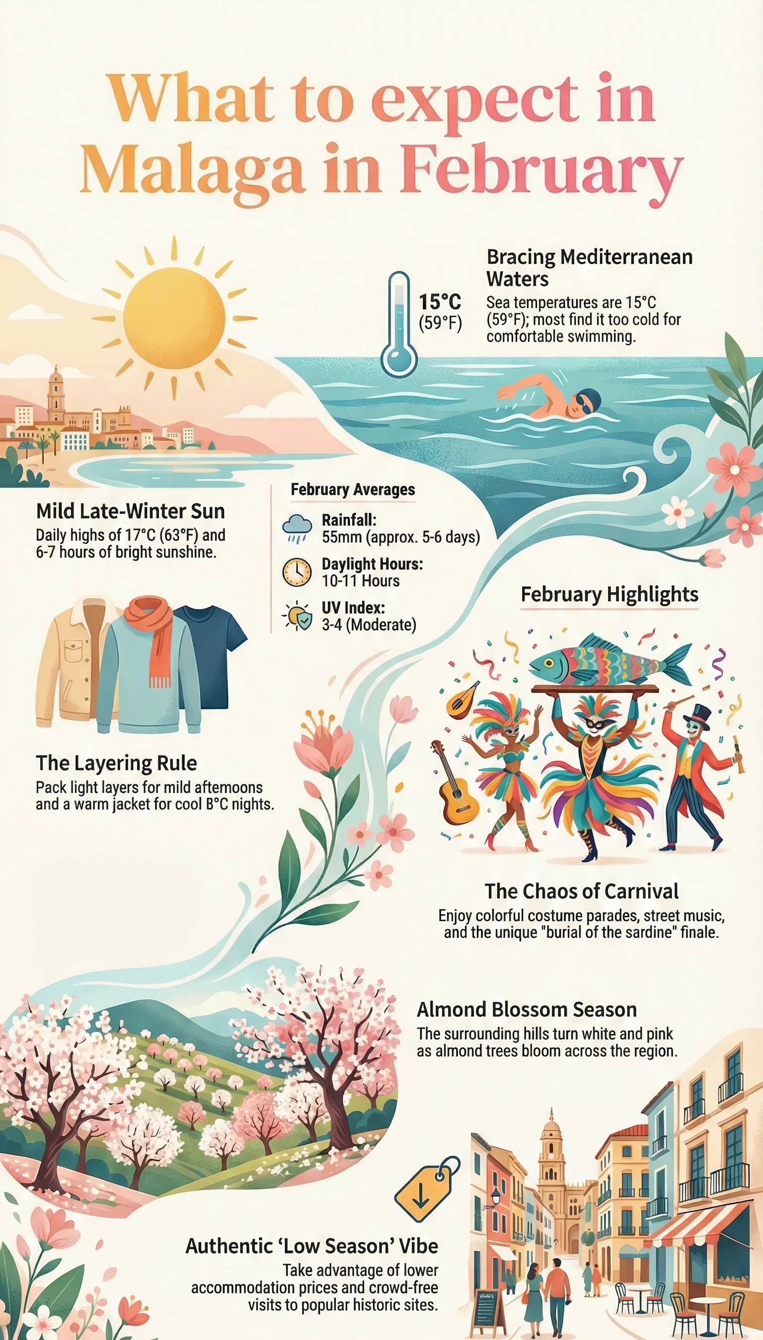 Infographic showing typical February weather and Carnival timing in Málaga