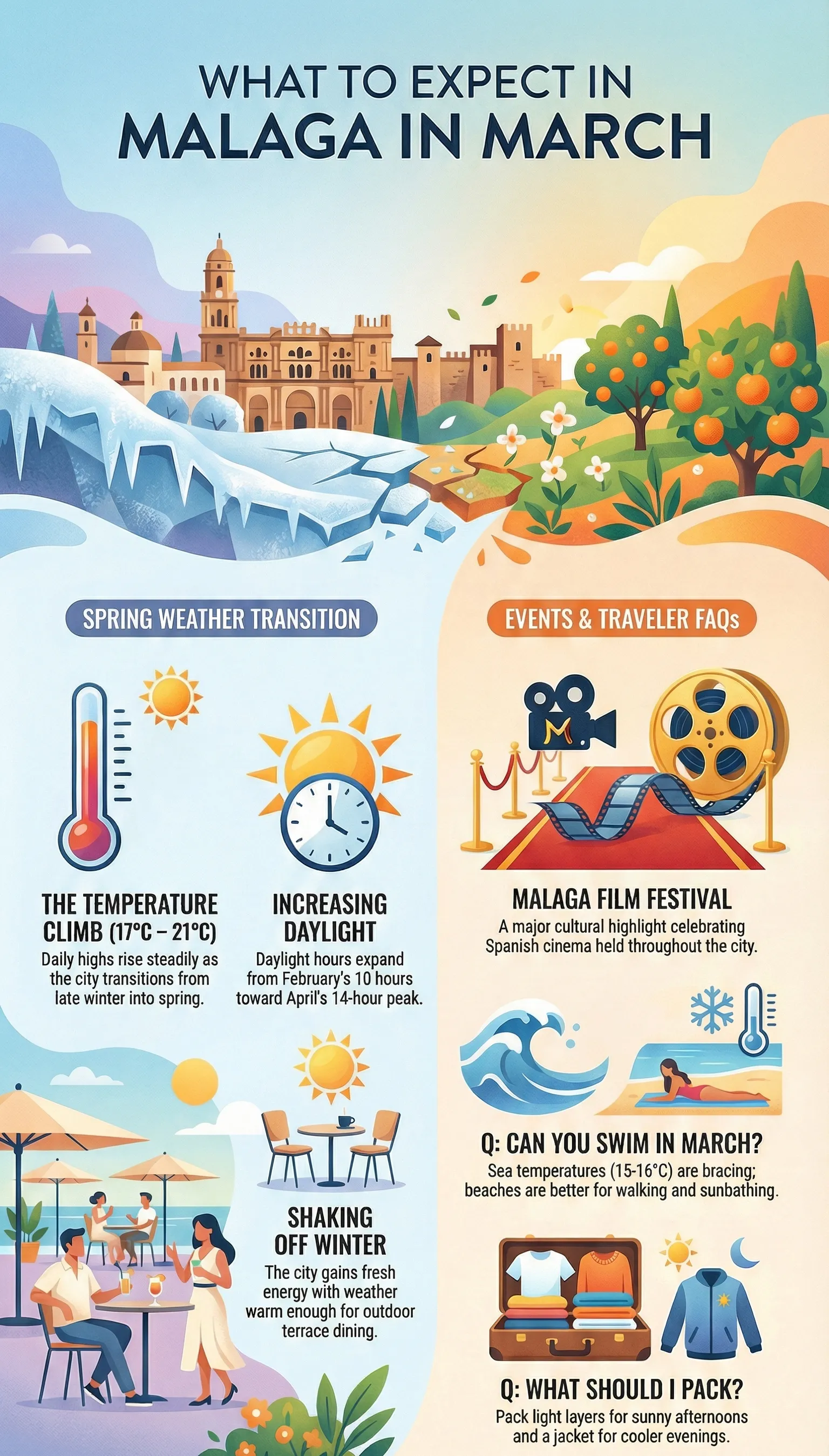 Infographic showing Málaga's March weather and events