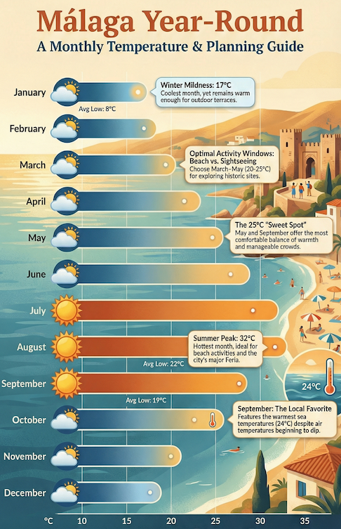 Monthly temperature chart for Malaga showing warm summers and mild winters