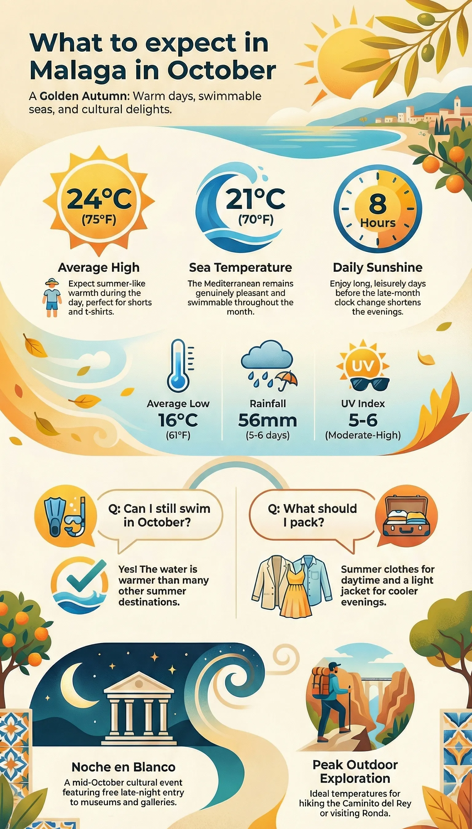 Málaga October weather guide showing temperatures and rainfall