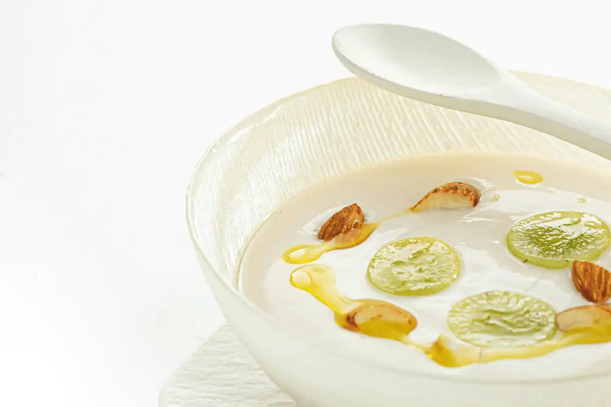 Bowl of ajoblanco, the cold Malaga almond soup, served with grapes