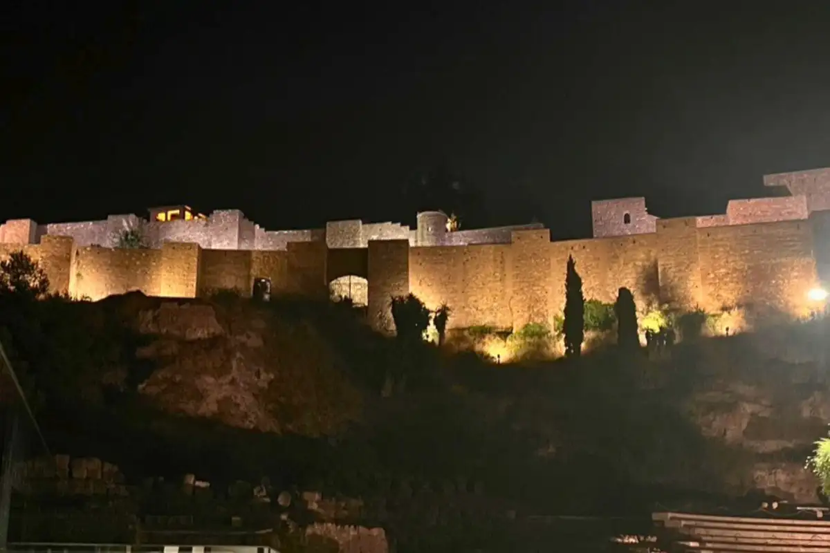 The Alcazaba fortress lit up at night during Noche en Blanco in Málaga