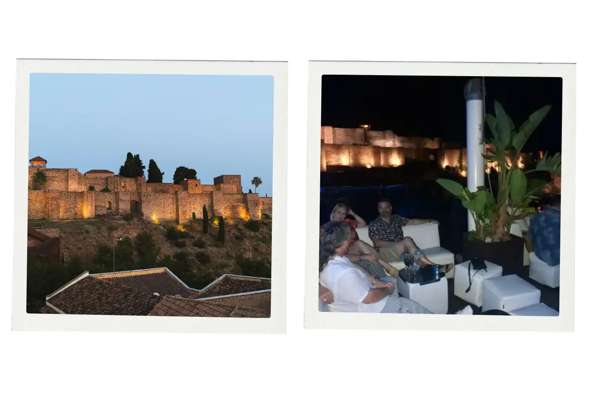 Guests on the chill-out terrace of Hotel Alcazaba Premium with the lit fortress behind them