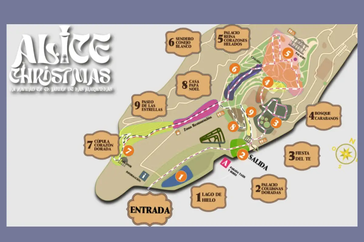 Route map for the Alice Christmas light experience at La Concepcion Botanical Gardens in Malaga