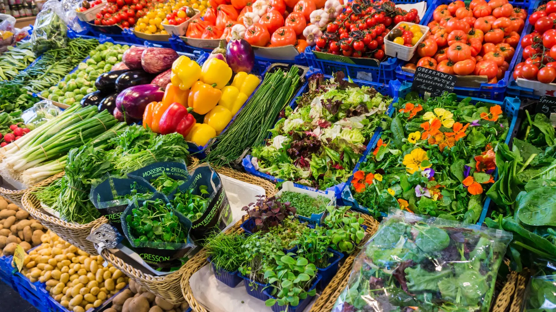 Fresh vegetables and produce on display at Atarazanas market Málaga
