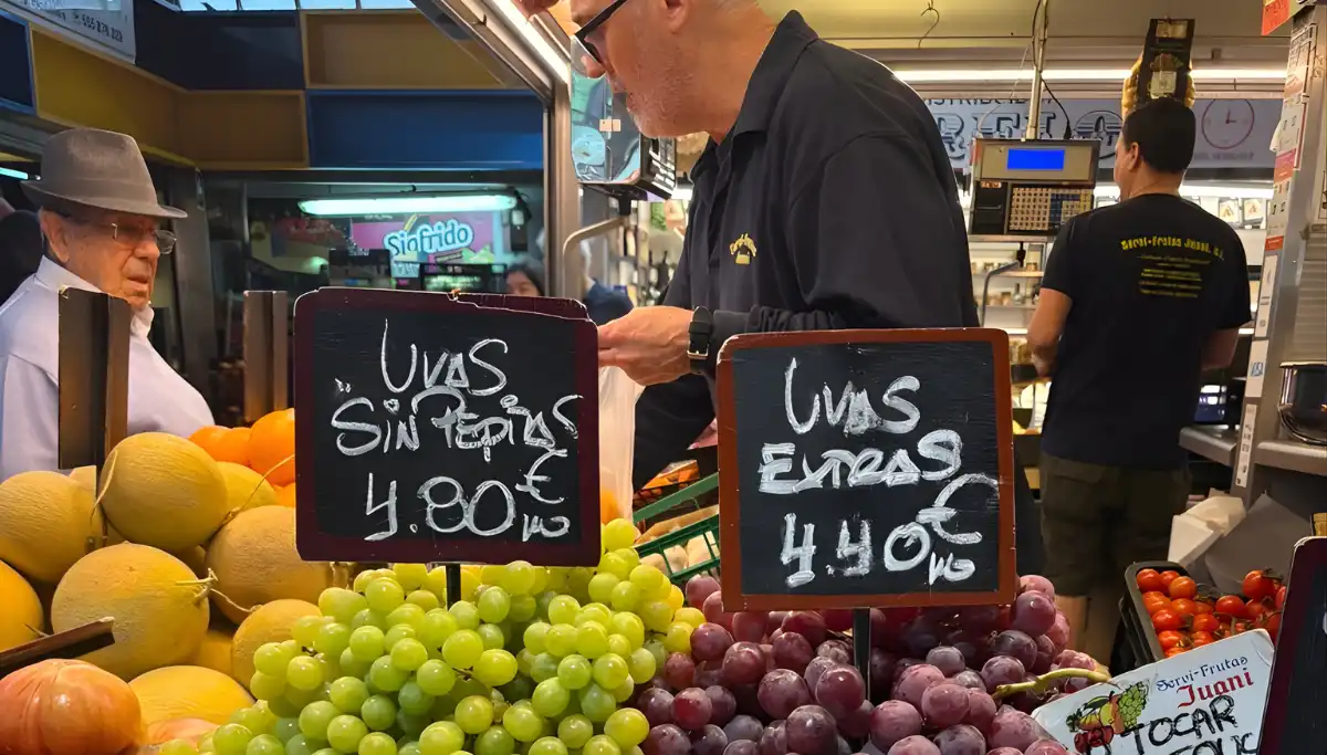 Grapes piled high on a produce stall at Atarazanas market in Málaga