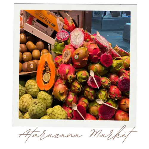 Fresh produce and fish stalls inside Mercado Atarazanas in Malaga