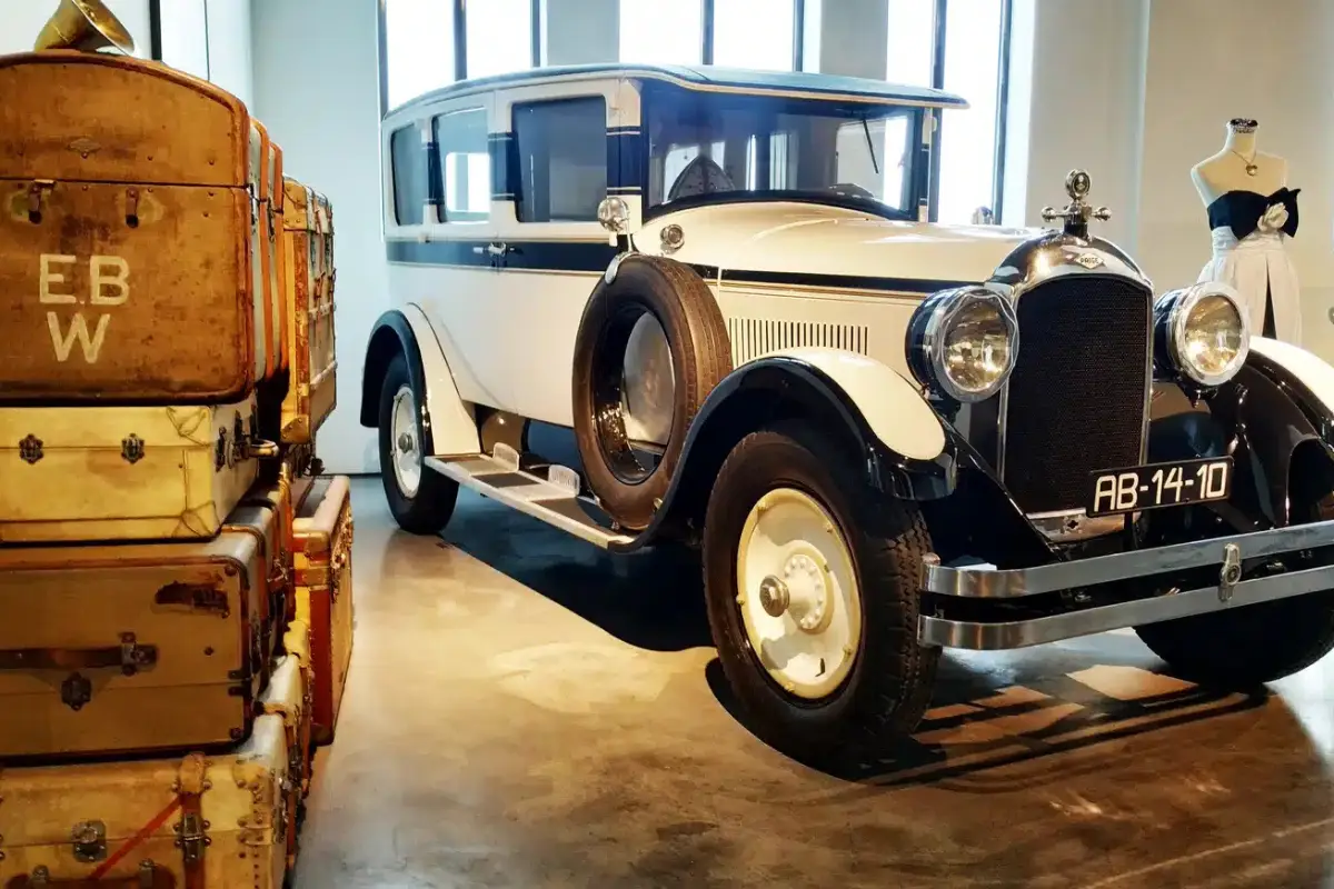 Vintage cars and fashion displays inside the Automobile and Fashion Museum in Malaga