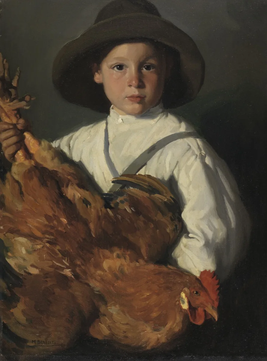 The painting Boy with a Hen by Manuel Benedito Vives, a young boy in a wide brimmed hat holding a hen