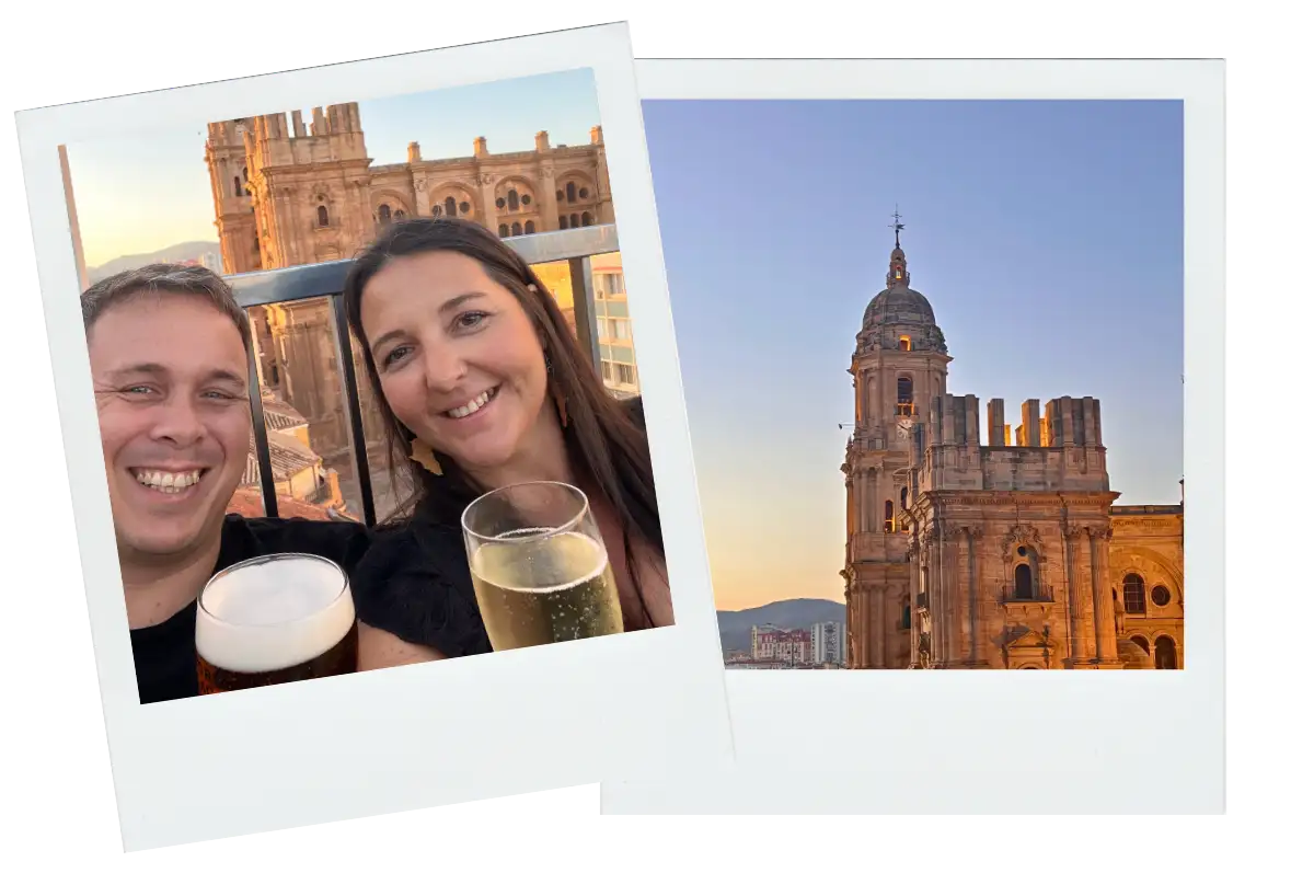 Sunset view from a Malaga rooftop bar terrace overlooking the cathedral