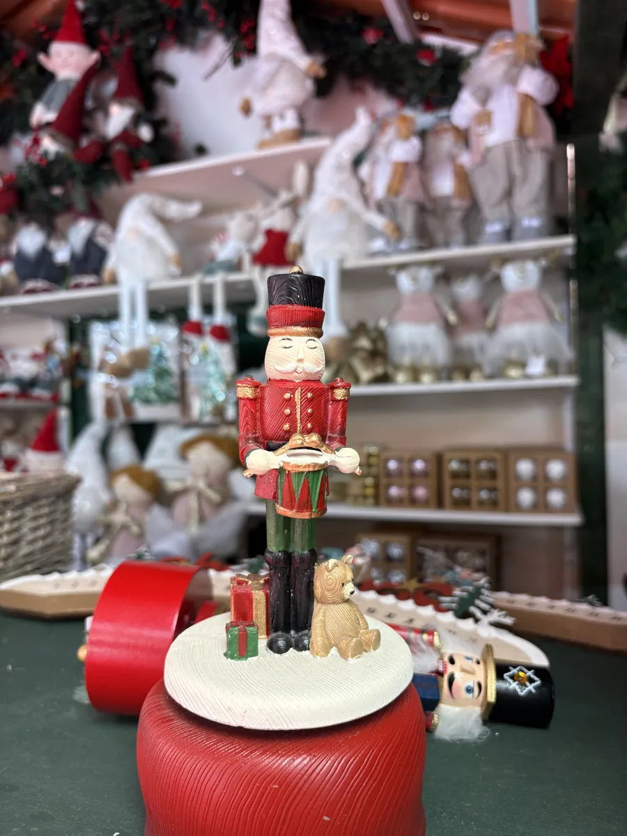 Nutcracker music box on display at a City Market ornament stall in Malaga