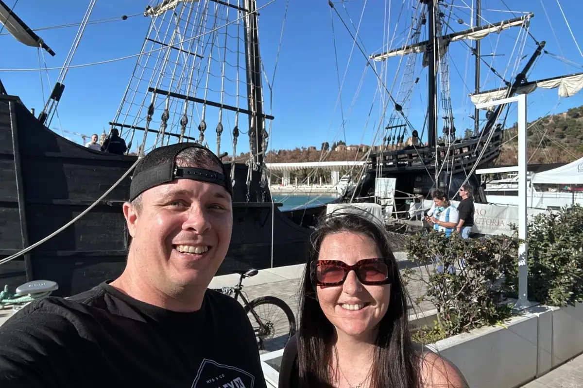 A tall-masted replica galleon moored in Málaga's port