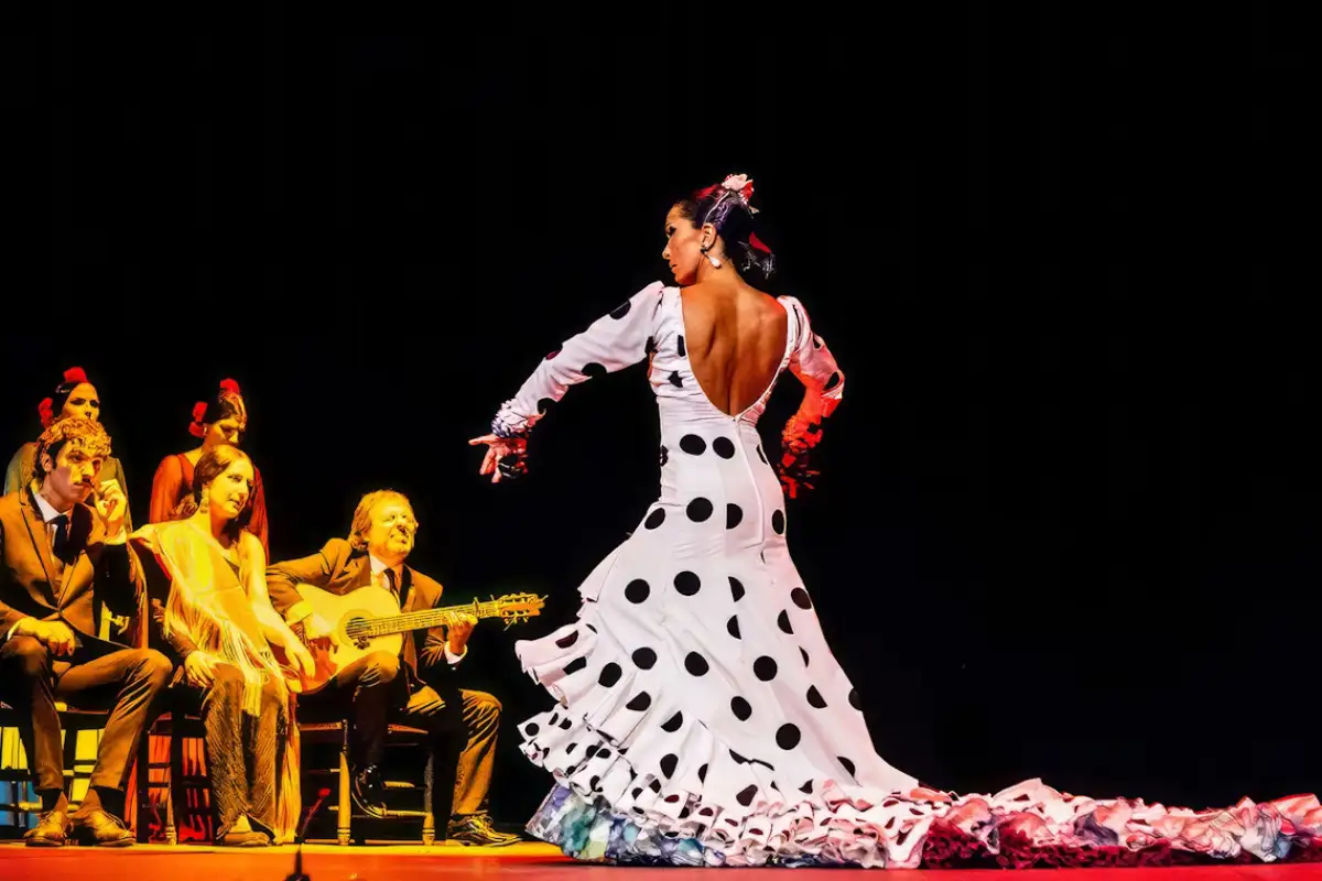 Flamenco dancer performing with a guitarist at a show in Málaga