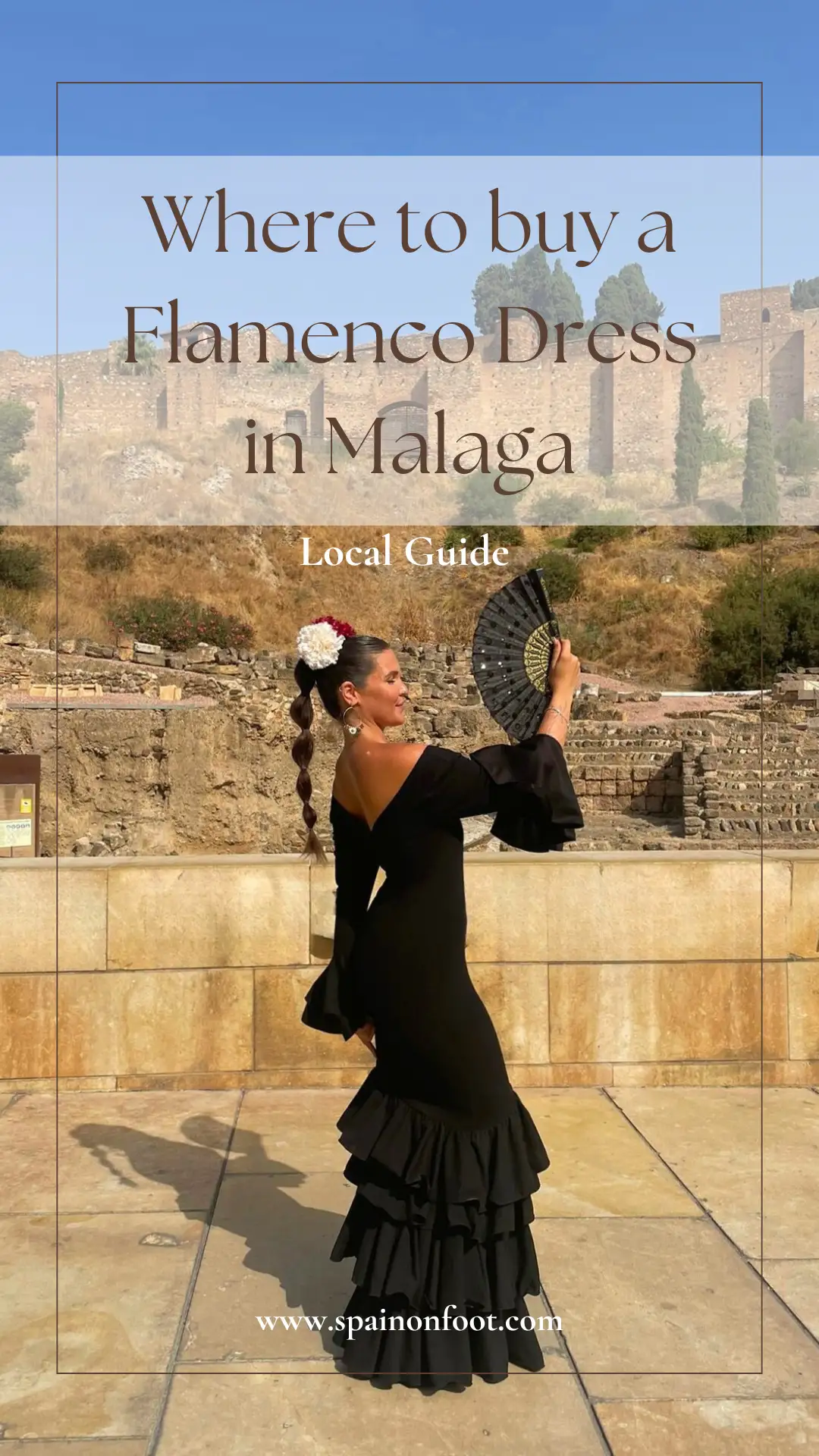 Traditional flamenco dress with ruffled skirt in a Malaga shop