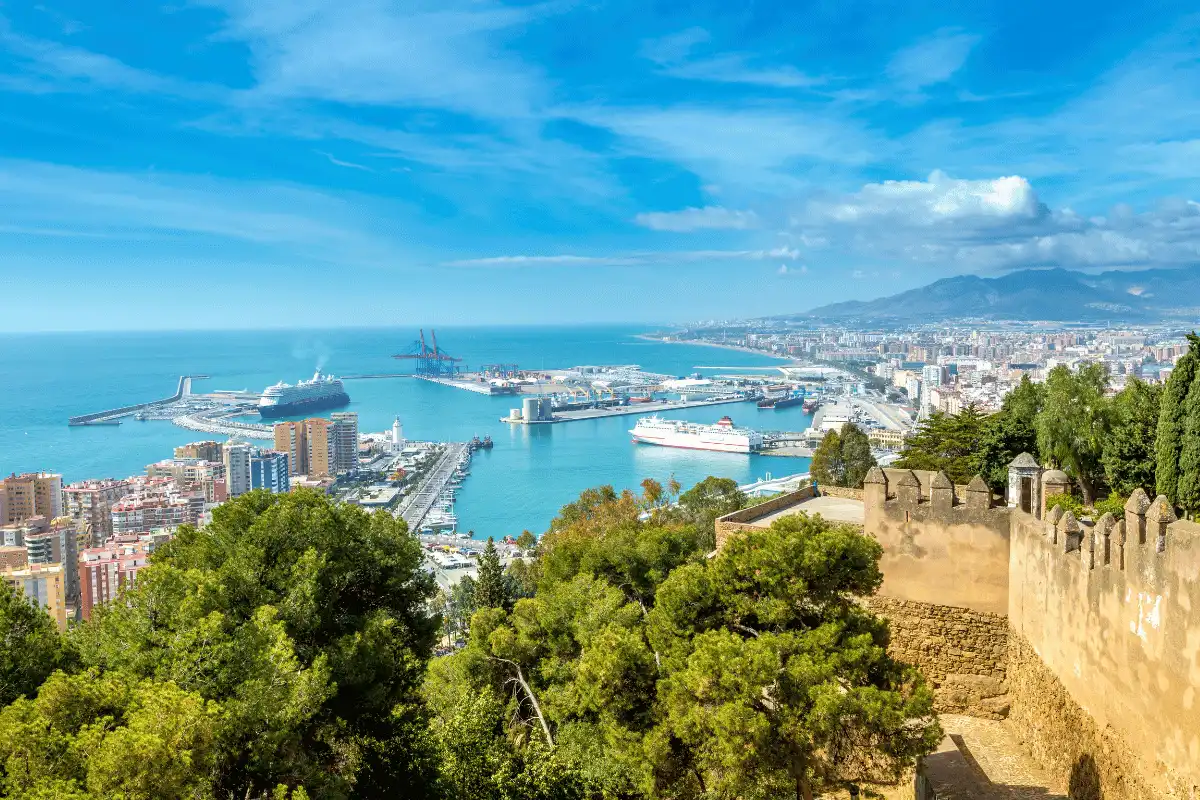 Aerial view of Málaga port and city from the Alcazaba walls on a sunny autumn day