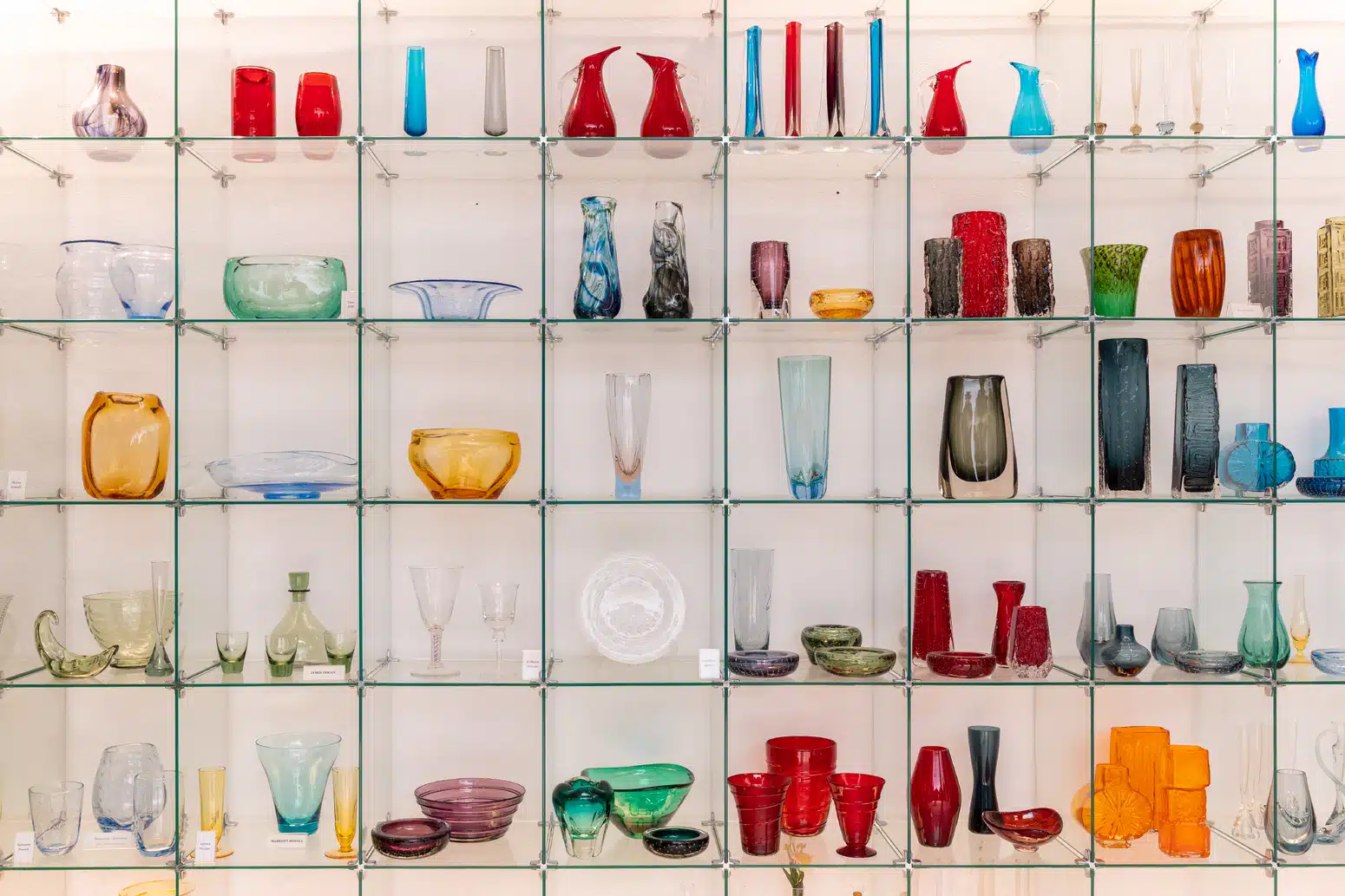 Glass and crystal pieces on display inside the Glass and Crystal Museum in Malaga