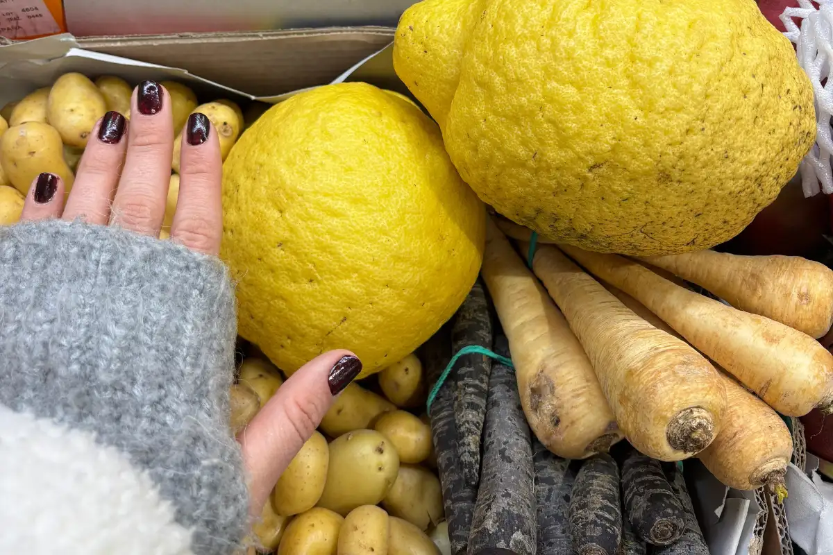 Fresh fruit and vegetable stalls at a local market in Malaga