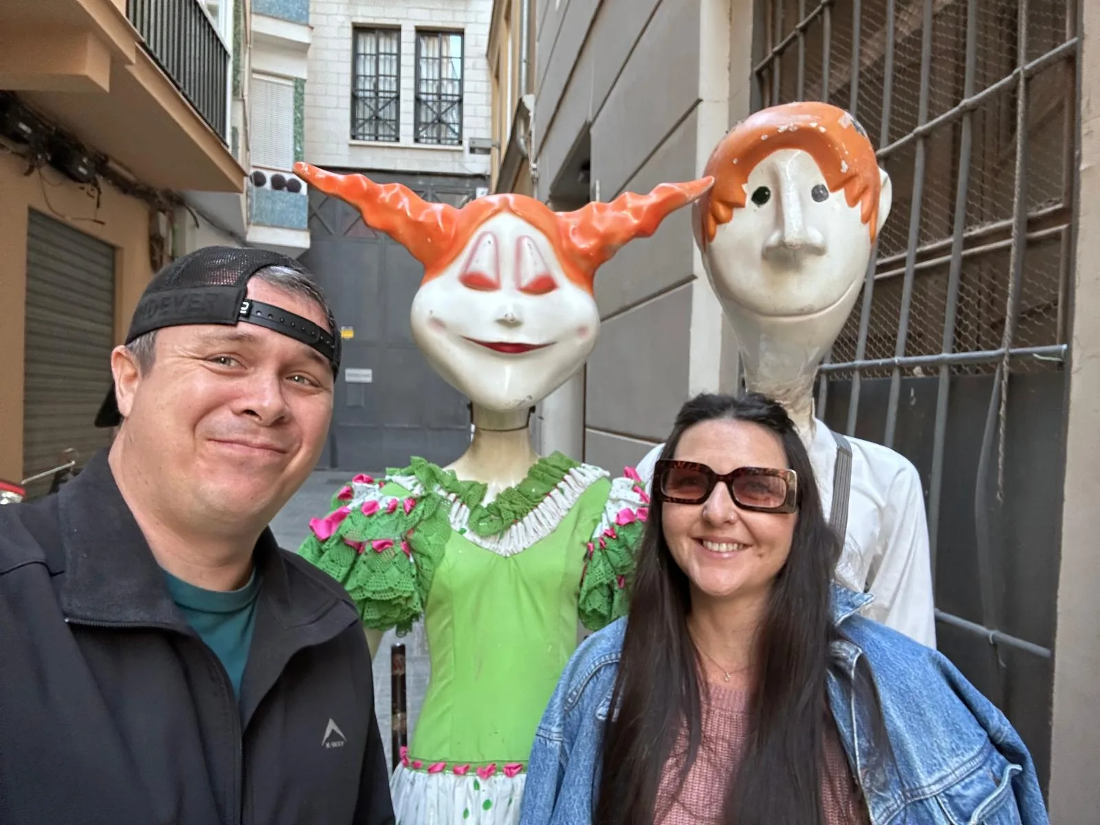 Heidi at La Recova in Málaga, surrounded by carnival statues that are part of the shop's for-sale furniture