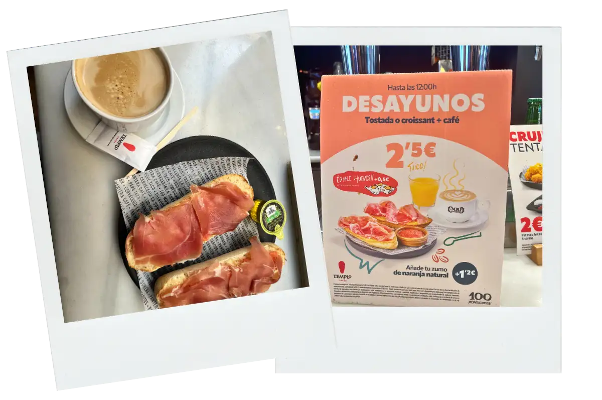 Breakfast menu board and jam toast with coffee at 100 Montaditos in Málaga