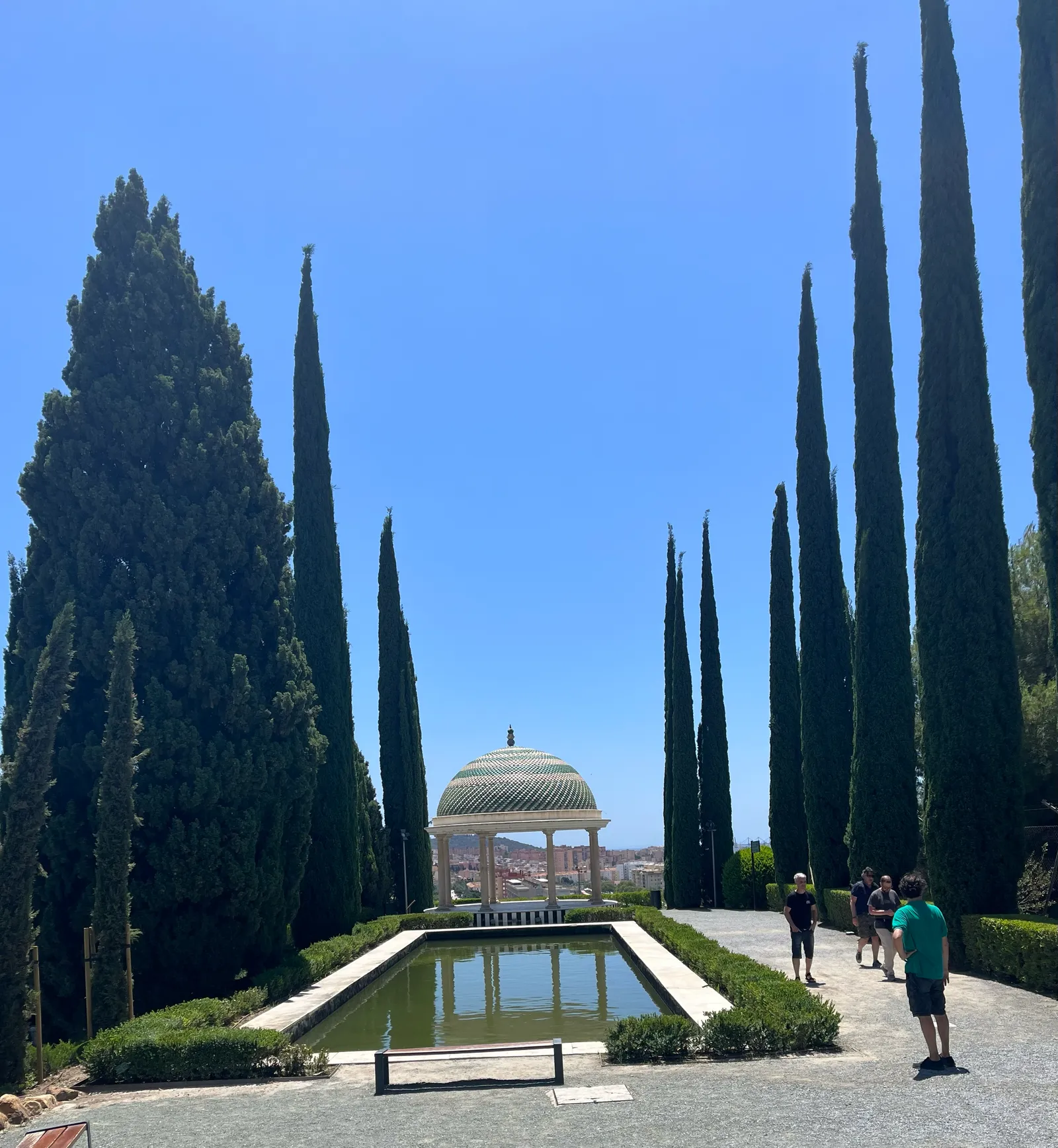 The domed pavilion among trees and pathways at La Concepción botanical garden in Málaga