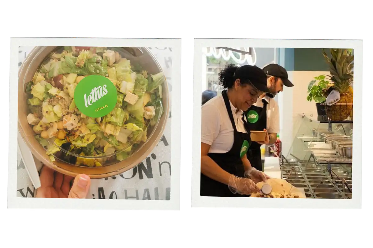 Clear-lid salad box and staff preparing food at Lettus Málaga