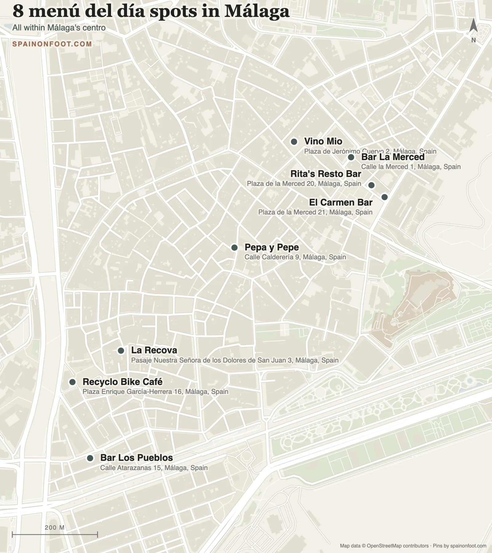Map of Málaga's centro showing the location of all eight menú del día spots: Vino Mio, Bar Los Pueblos, Rita's Resto Bar, El Carmen Bar, Bar La Merced, La Recova, Pepa y Pepe and Recyclo Bike Café