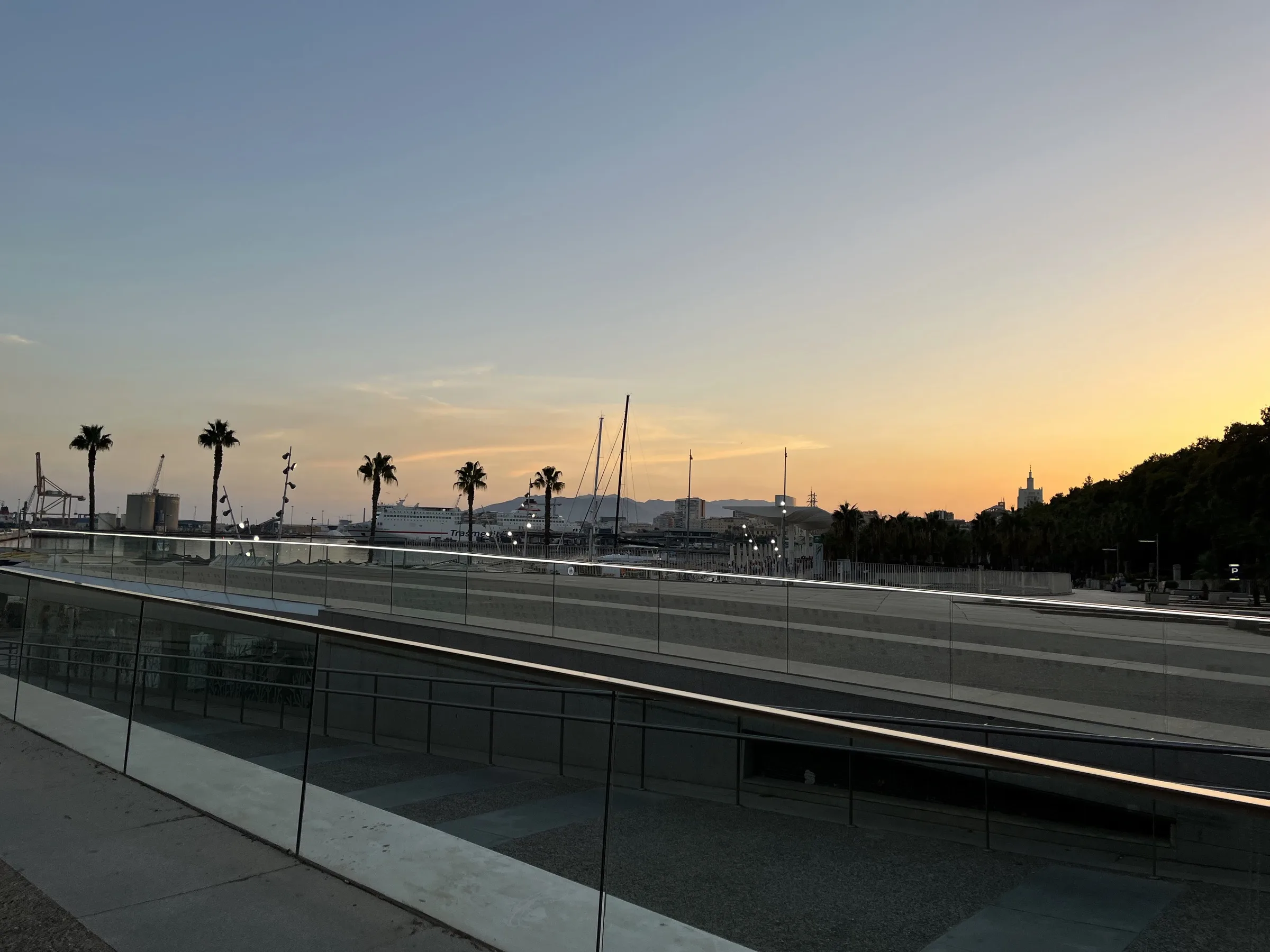 Palm trees silhouetted against the sunset over Muelle Uno port, with a ferry docked and the cathedral tower visible in the distance