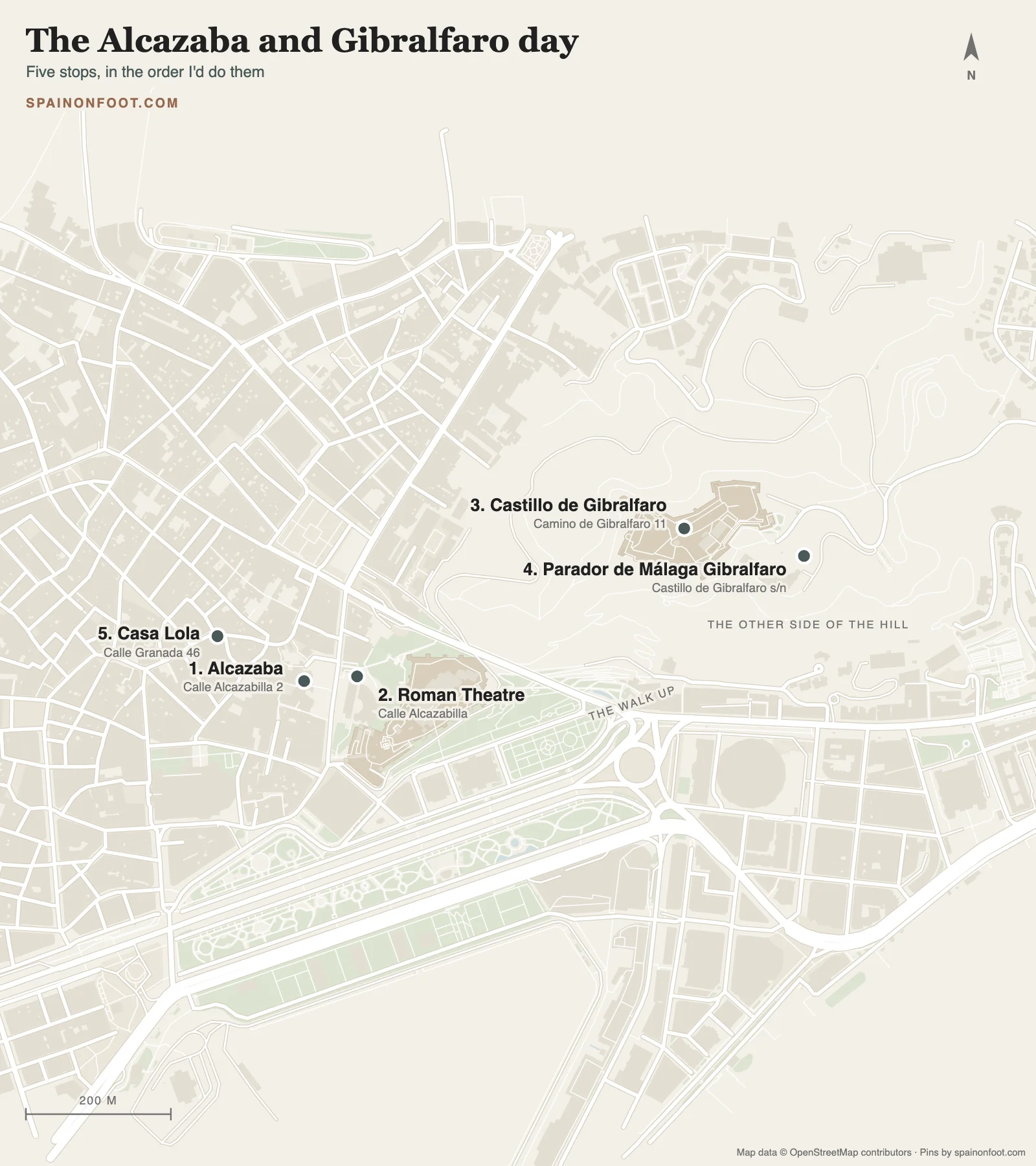 Map of the Alcazaba and Gibralfaro day: the Alcazaba and Roman Theatre by Calle Alcazabilla, Gibralfaro Castle up the hill, the Parador on the far side of the hill from the walk up, and Casa Lola on Calle Granada