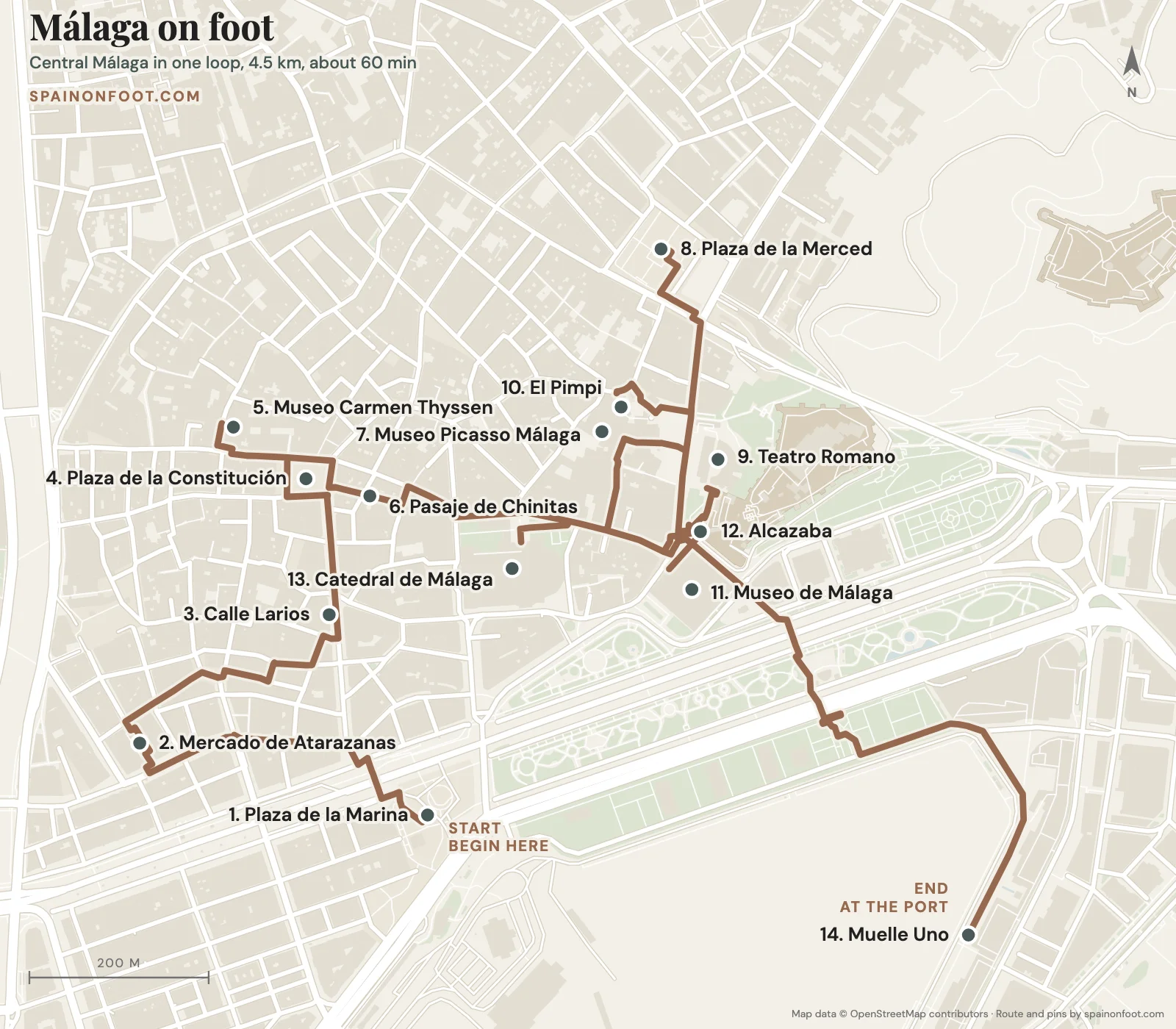 Map of the fourteen-stop Málaga walking route, from Plaza de la Marina up Calle Larios, through the old town and the Roman Theatre to the Alcazaba, the Cathedral and Muelle Uno