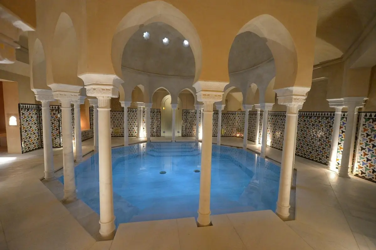 Arched interior of the Hammam Andalus Arab baths in Malaga old town