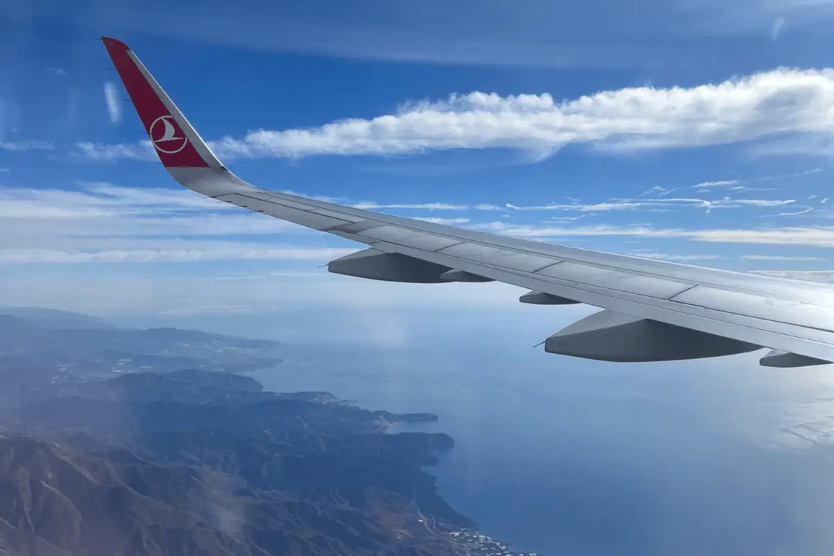 View of the Málaga coastline from a plane window on approach to Málaga airport