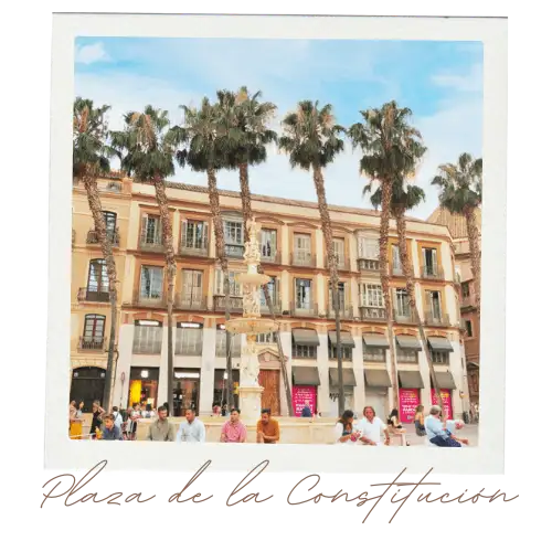 Free walking tour group gathered in Plaza de la Constitucion, Malaga