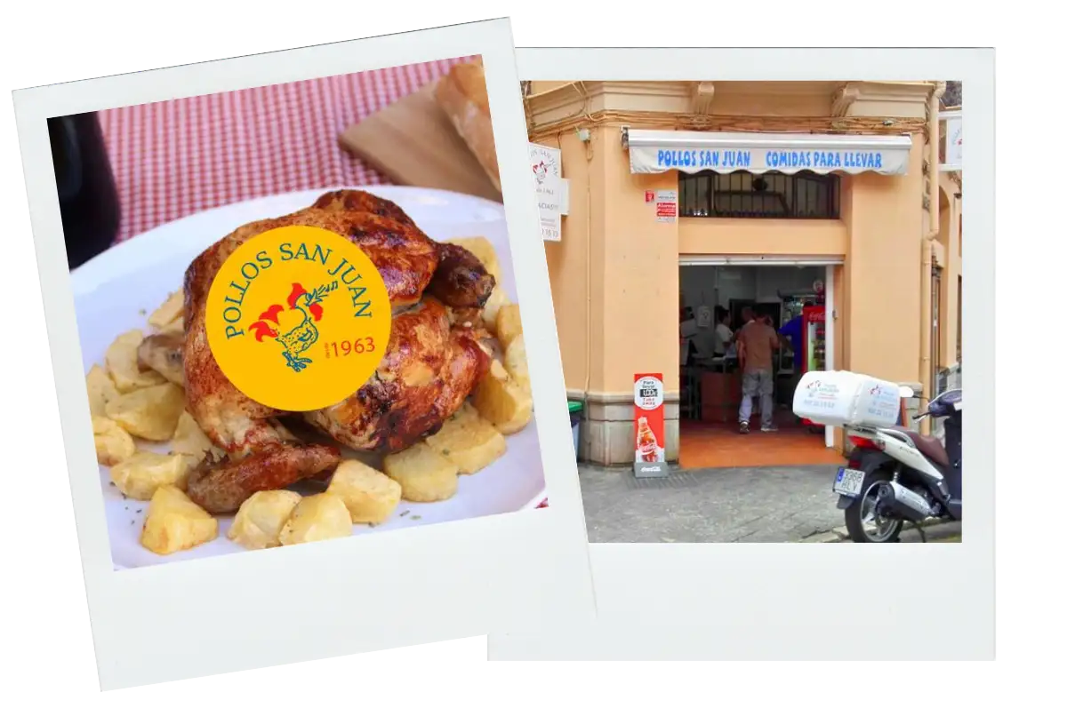 Roast chicken on potatoes and entrance sign at Pollos San Juan Málaga