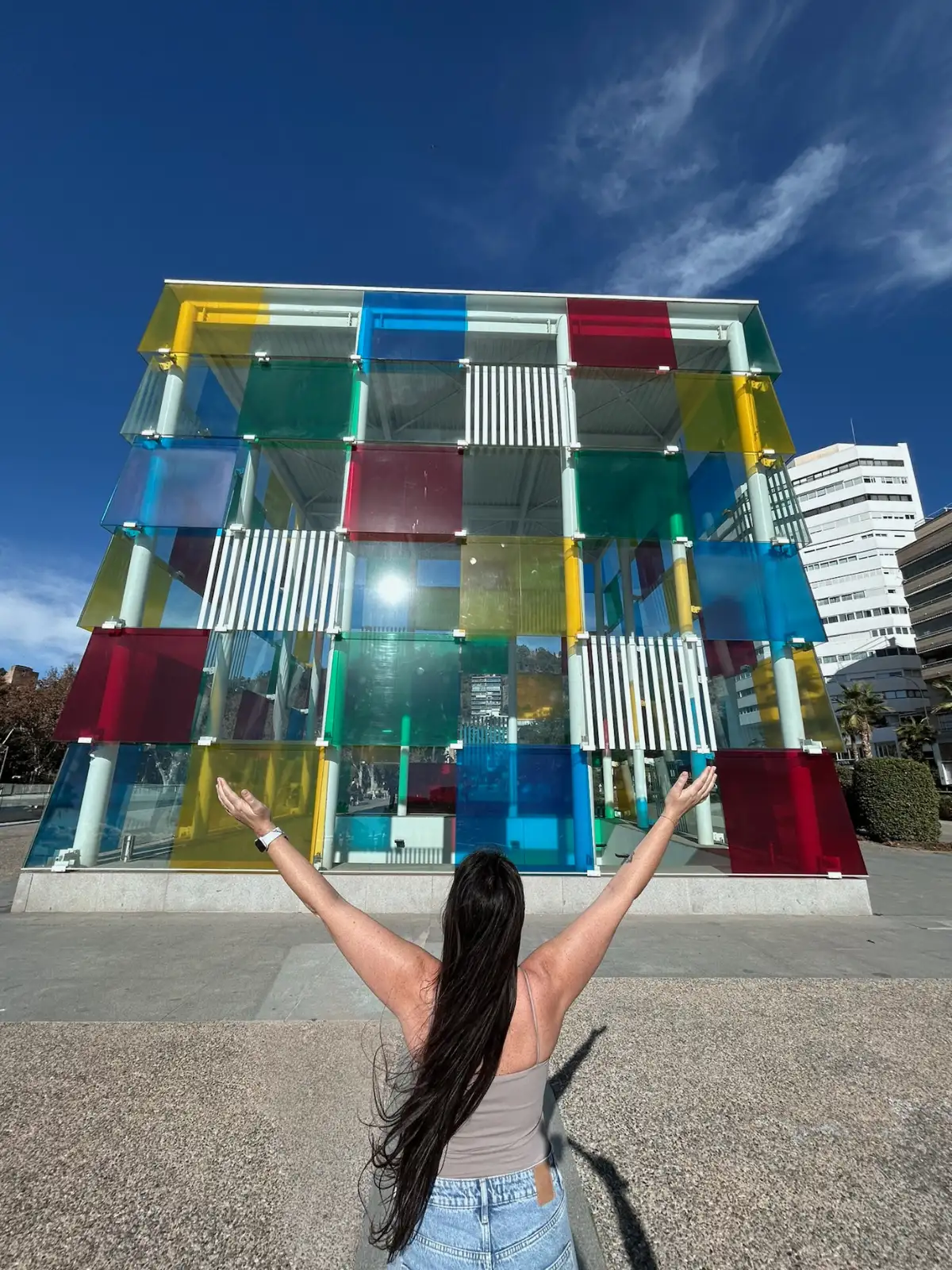 The colourful glass Cube structure of Centre Pompidou Malaga at Muelle Uno