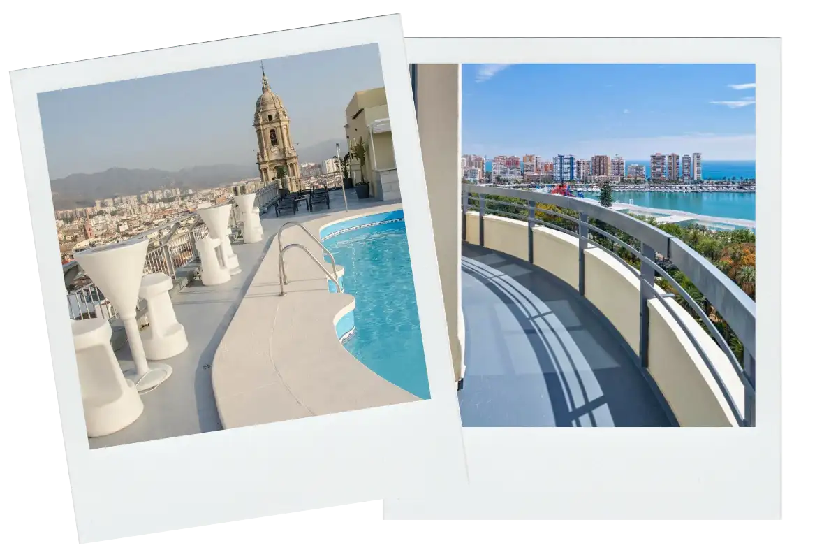 AC Marriott Hotel rooftop terrace with 360-degree views of Málaga and harbour