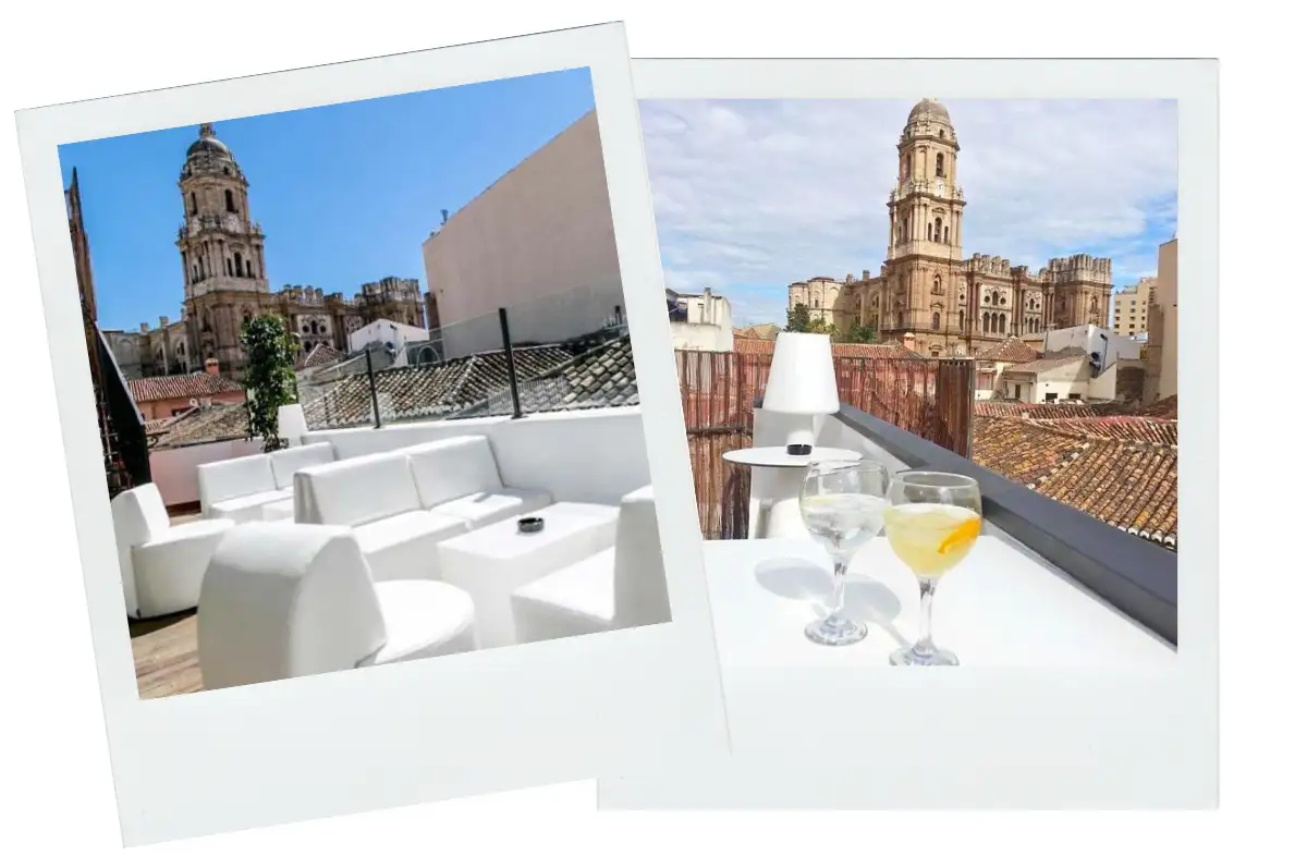 Terrace seating at Chinitas Urban Hostel with Malaga Cathedral spire behind