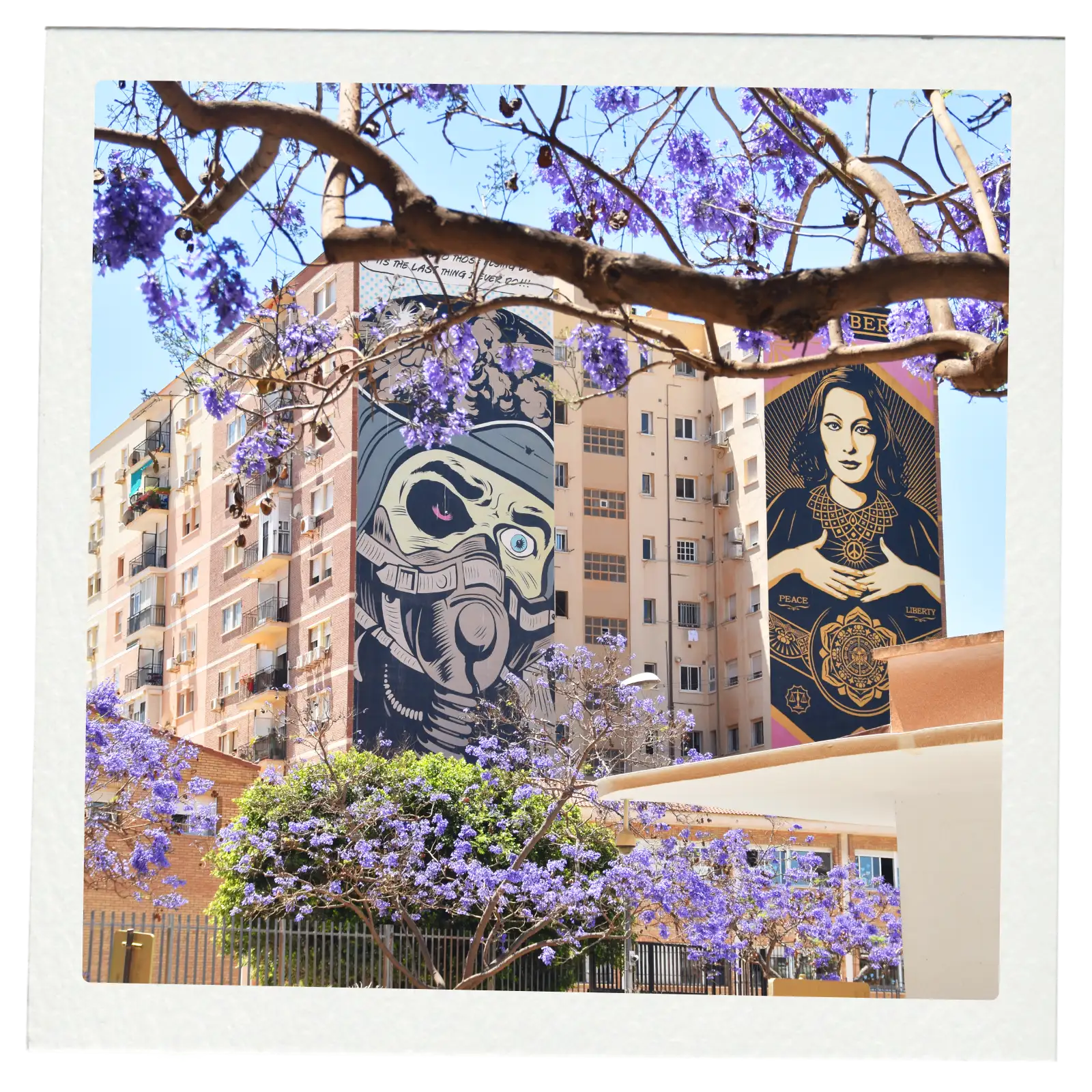 Large-scale street mural on a building facade in Malaga's Soho arts district
