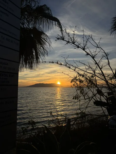 The sun dropping behind the mountains across the bay, framed by a palm frond and bare branches on the beach at El Palo, next to Pedregalejo