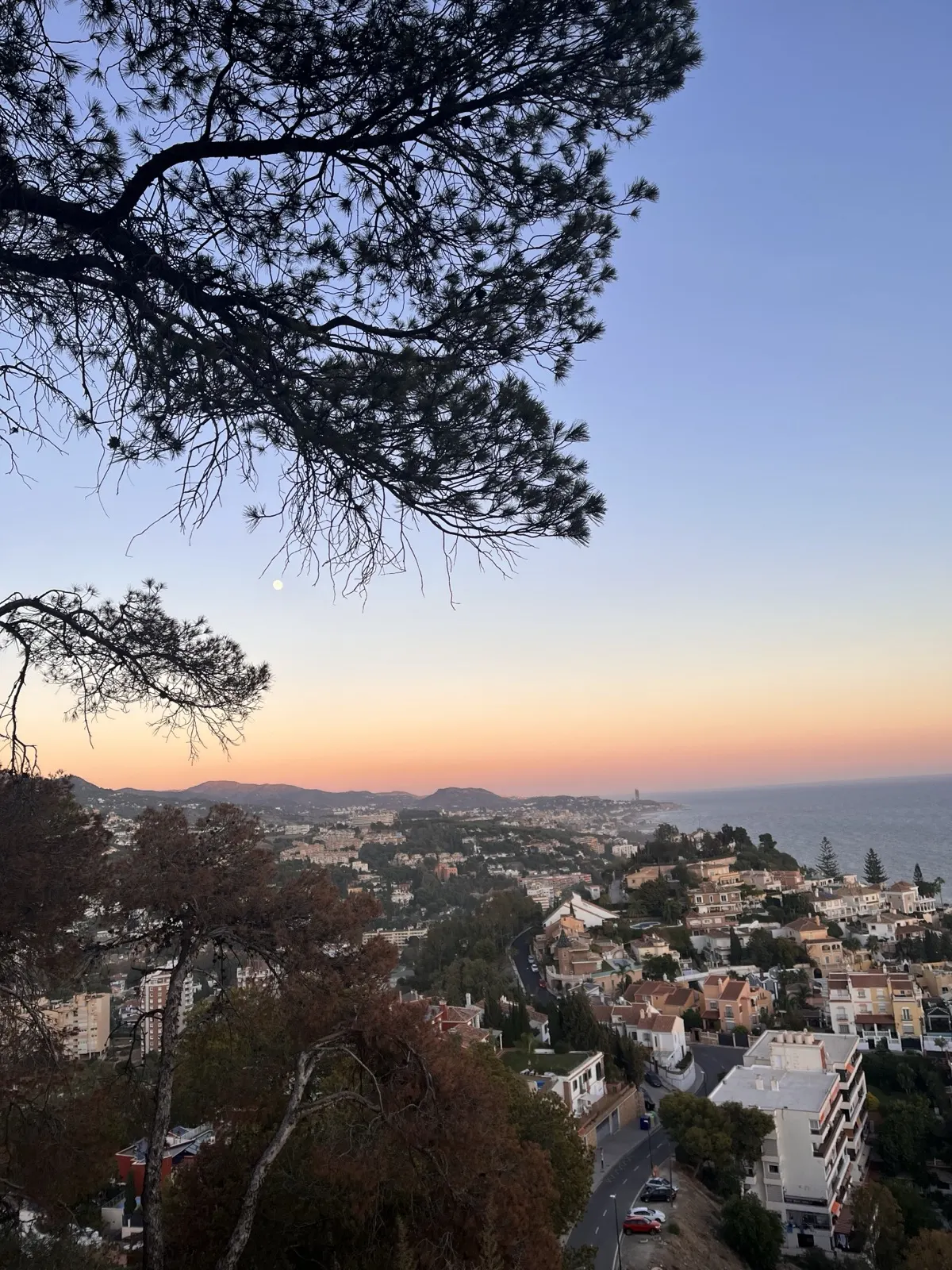 Soft pink sunset over a Málaga hillside neighbourhood with the moon visible