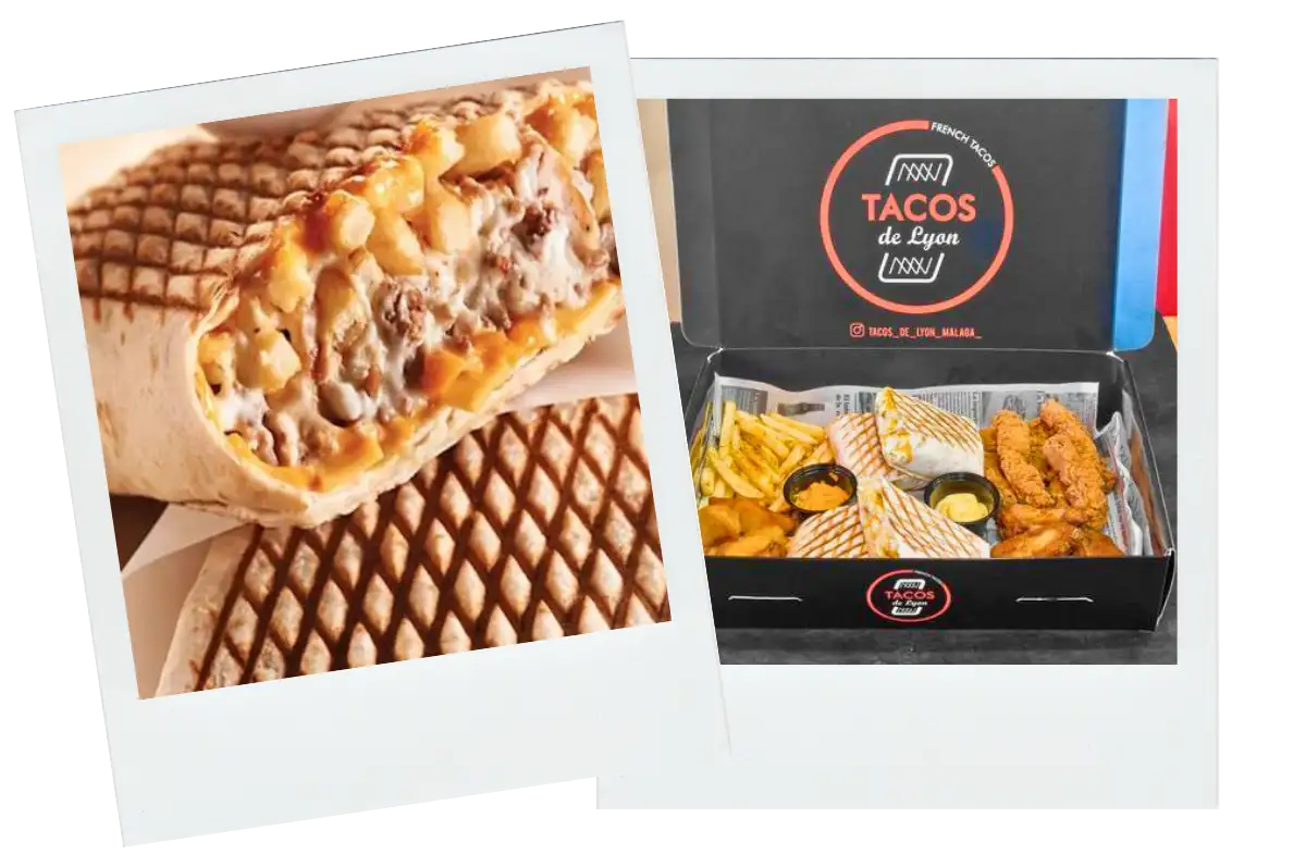 Meat and cheese tacos in a black box at Tacos de Lyon Málaga