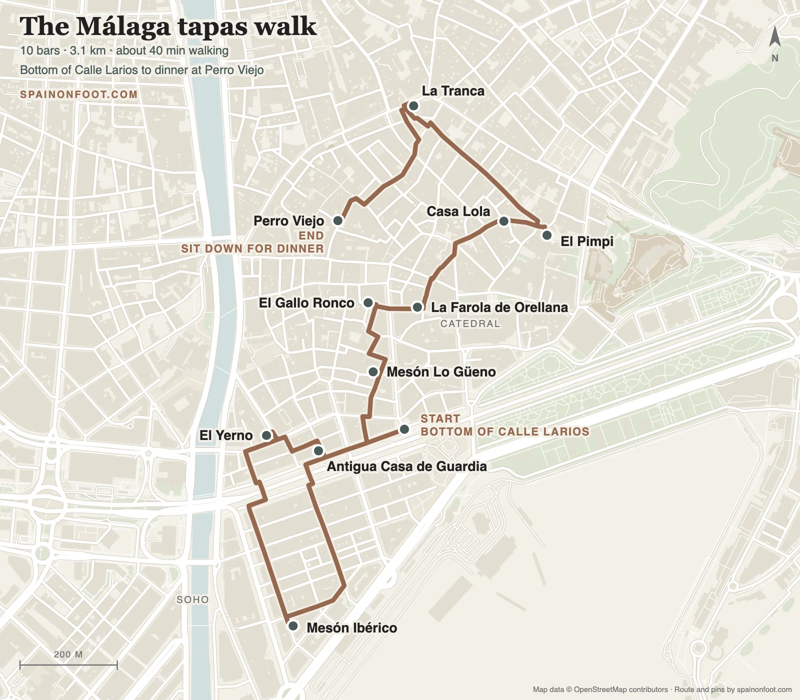 Map of the ten-stop Málaga tapas walking route, from the bottom of Calle Larios through Mesón Ibérico, El Yerno, Antigua Casa de Guardia, Mesón Lo Güeno, El Gallo Ronco, La Farola de Orellana, Casa Lola, El Pimpi and La Tranca, ending at dinner at Perro Viejo
