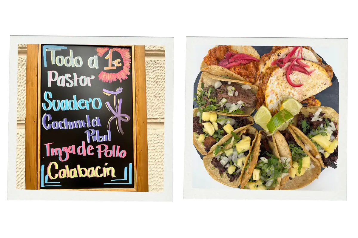 Plate of tacos and menu board at TKO Tacos in Málaga