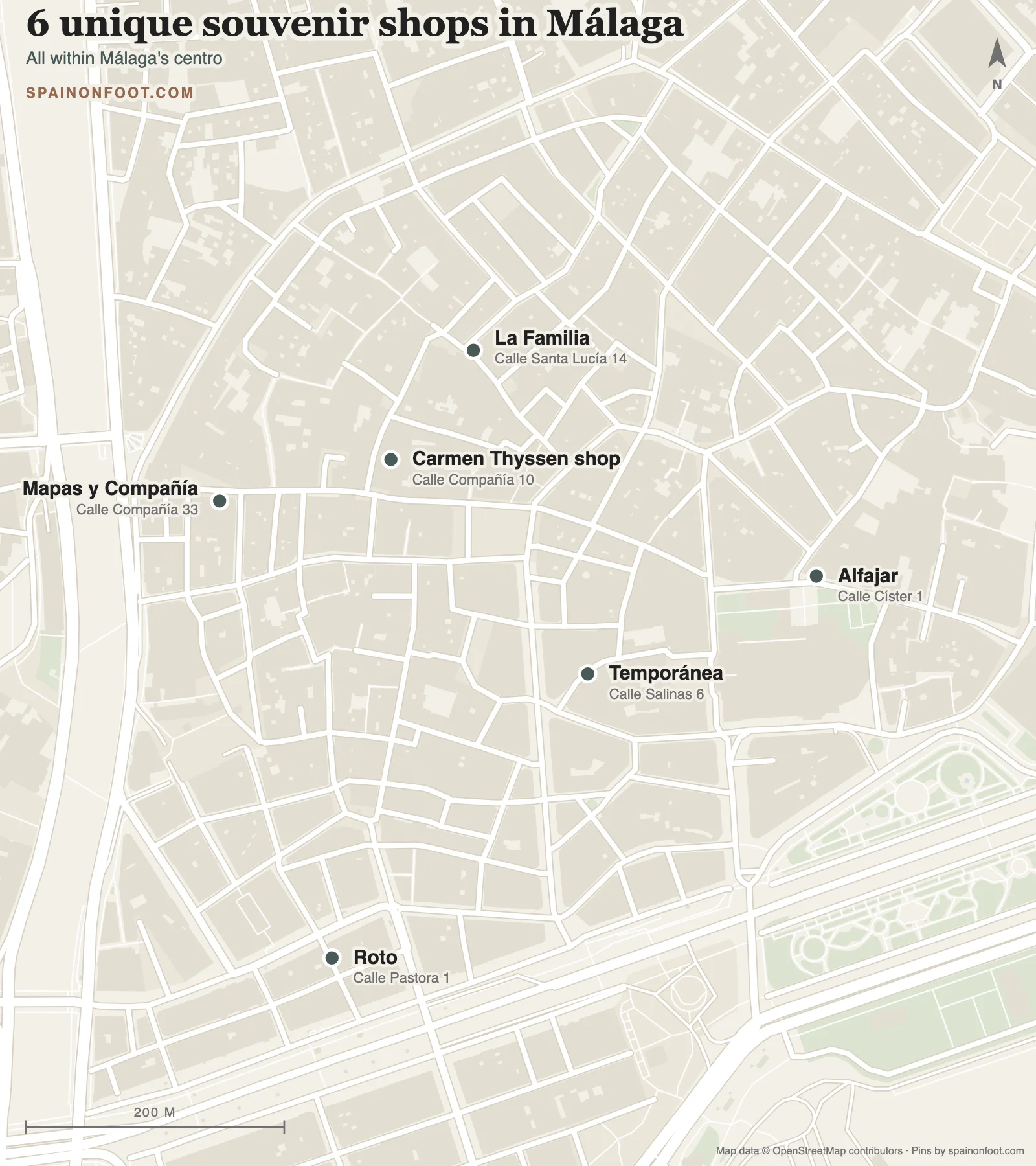 Map of Malaga's centro showing the location of all six souvenir shops: La Familia, Mapas y Compania, Carmen Thyssen shop, Temporanea, Alfajar and Roto