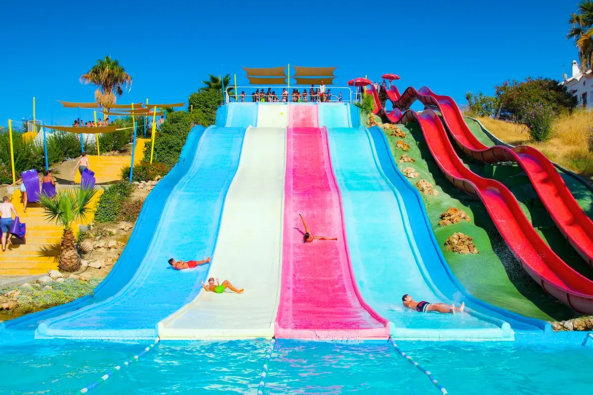 Water slides and pools at Aquavelis Water Park near Nerja