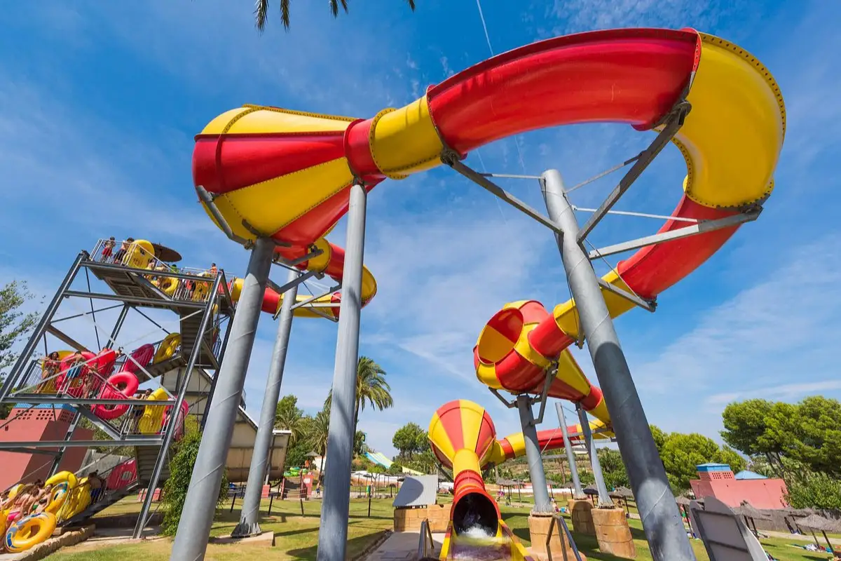Water slides and pools at Aqualand Torremolinos waterpark near Malaga