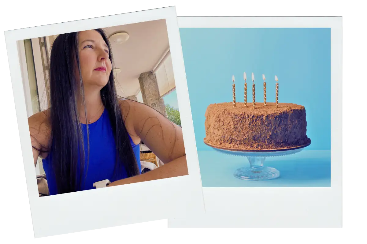 Polaroid of a birthday cake with five candles alongside a portrait, illustrating the Spanish superstition about odd numbers