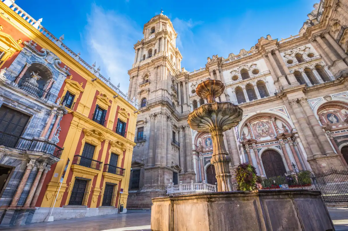 Fountain in a square near Málaga Cathedral in the city centre